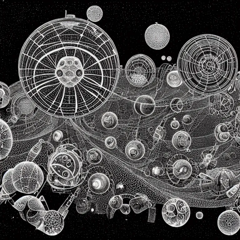 Image similar to ! dream a black and white drawing of a space station filled with equipment, a microscopic photo by ernst haeckel, zbrush central, kinetic pointillism, bioluminescence, intricate patterns, photoillustration