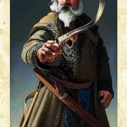 Prompt: “ a modern catholic priest, who looks like don quixote, black beard and moustache, with a revolver at his side, d & d, fantasy, intricate, cinematic lighting, highly detailed, digital painting, artstation, concept art, smooth, sharp focus, illustration, art by artgerm and greg rutkowski and alphonse mucha ”