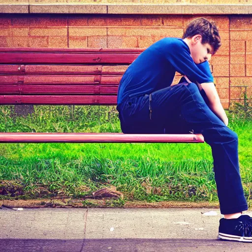 Image similar to photo of sad teenage andrew garfield sitting on a bench in a park, two crutches near bench, wearing shirt and trousers, street of moscow, shallow depth of field, cinematic, 8 0 mm, f 1. 8