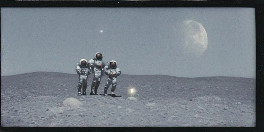 Image similar to polaroid photo of spacemen landing on a blue moon, slight color bleed, grain