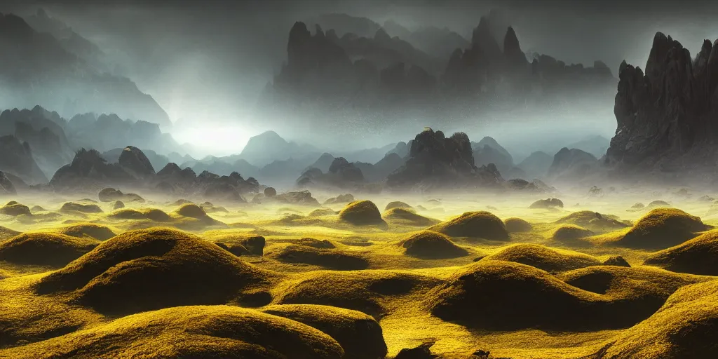 Prompt: A landscape of an alien planet stretching as far as the eye can see, with misty rolling hills on bizarre floating rock formations, vigorous misty mountains, and rainy thunderclouds, raining, landscape photography, landscape imagery, landscape perspective, trending on artstation, artstationHD, artstationHQ, 4k, 8k, yellow color scheme.