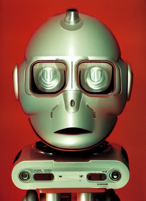 Image similar to a portrait photograph of a robot head designed by douglas coupland, 3 5 mm, color film camera,