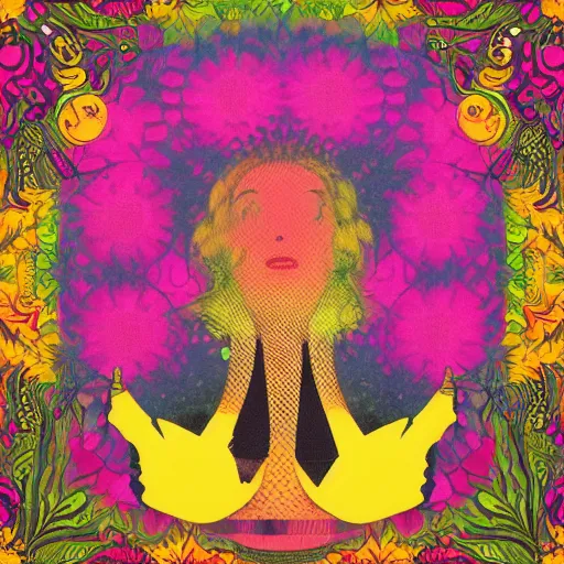 Image similar to a vintage soul album cover of a psychedelic forest surrounded by glowing flowers, symmetrical, black and gold