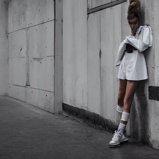 Prompt: vogue fashion photography of model wearing streetwear fashion white clothing, inside berghain, futuristic fashion, photo 3 5 mm leica, hyperdetail, 8 k, very detailed