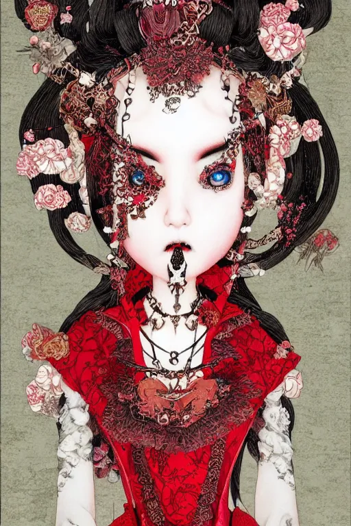 Image similar to avant - garde japanese bjd geisha vampire queen in victorian red dress in the style of dark - fantasy lolita fashion painted by yoshitaka amano, takato yamamoto, james jean, dmt art, symmetrical vogue face portrait, volumetrics, intricate detail, artstation, cgsociety, artgerm, gold skulls, rococo