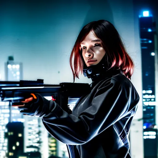 Image similar to photographic portrait of a techwear woman holding a shotgun, holding shotgun down, closeup, on the rooftop of a futuristic city at night, sigma 85mm f/1.4, 4k, depth of field, high resolution, full color, award winning photography, inspired by Kill Bill, inspired by John Wick, inspired by Die Hard, movies with guns, movie firearms