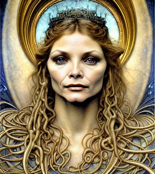 Image similar to detailed realistic beautiful young michelle pfeiffer as queen of jupiter face portrait by jean delville, gustave dore and marco mazzoni, art nouveau, symbolist, visionary, gothic, pre - raphaelite. horizontal symmetry by zdzisław beksinski, iris van herpen, raymond swanland and alphonse mucha. highly detailed, hyper - real, beautiful