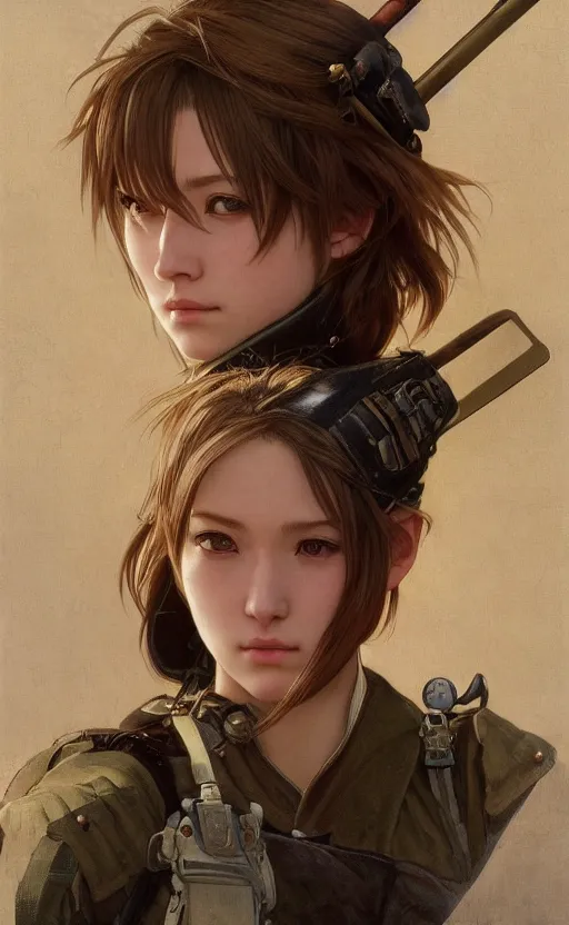 Image similar to final fantansy 1 1, portrait of soldier girl, anime style, short hair, hair down, symmetrical facial features, from old mmorpg, hyper realistic, d & d, rule of thirds, extreme detail, detailed drawing, artstation, by alphonse mucha, greg rutkowski, sharp focus, backlit