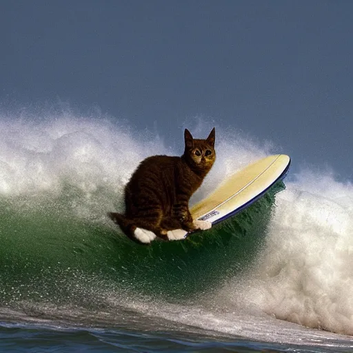 Image similar to an anthropomorphism cat by designed wayne westwood surfing a mega wave, photo taken from the shore, highly detailed photography, 3 0 0 mm, natural light, bokeh effect