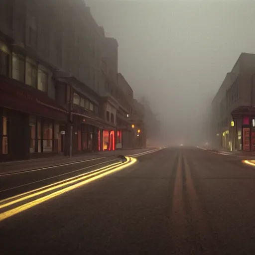 Image similar to A stunningly beautiful award-winning 8K high angle cinematic movie photograph of a dark foggy main intersection in an abandoned 1950s small town at night, by Edward Hopper and David Fincher and Darius Khonji, cinematic lighting, perfect composition, moody low key volumetric light. Color palette from Seven, greens yellows and reds. 2 point perspective