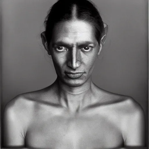 Image similar to a fly / human hybrid, large format film photograph by richard avedon