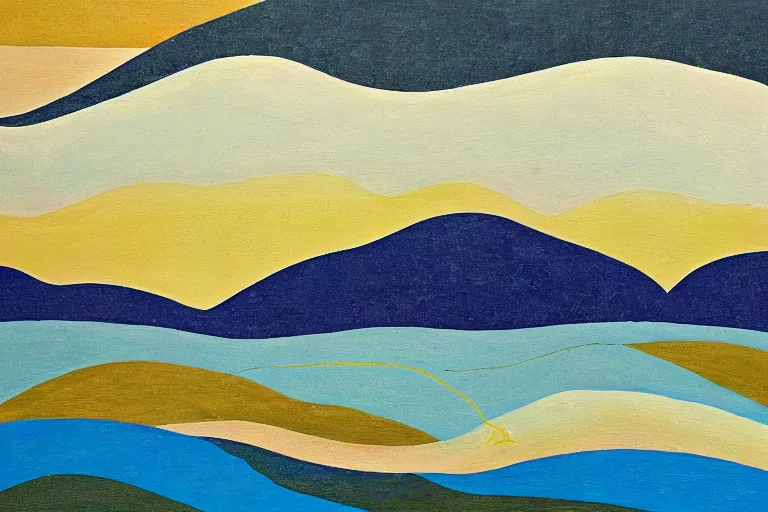 Image similar to A modernist landscape painting. Wild energy patterns rippling in all directions. Curves, zig-zags. Organic. Mountains. Clouds. Vegetation. Rushing water. Waves. LSD.