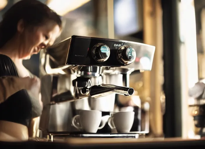 Prompt: a 2 8 mm macro photo from the back of a woman standing at the espresso machine in a cozy cafe, splash art, movie still, bokeh, canon 5 0 mm, cinematic lighting, dramatic, film, photography, golden hour, depth of field, award - winning, anamorphic lens flare, 8 k, hyper detailed, 3 5 mm film grain, hazy