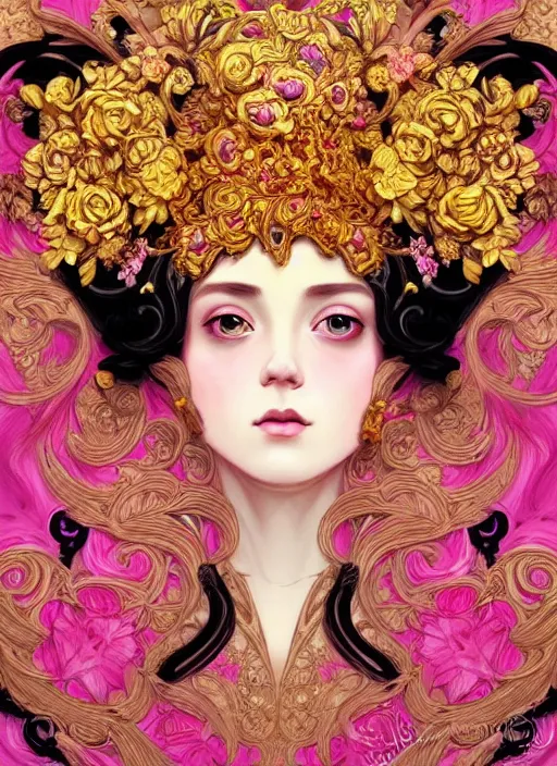 Image similar to beautiful black pink yellow, complicated gold and pink flowers in baroque style headwears, dark fantasy, intricate, elegant, highly detailed, digital painting, artstation, highly saturated colors, concept art, matte, 3 d 8 k octane rendered, sharp focus, illustration, octane rendered, art by artgerm and alphonse mucha, leesha hannigan