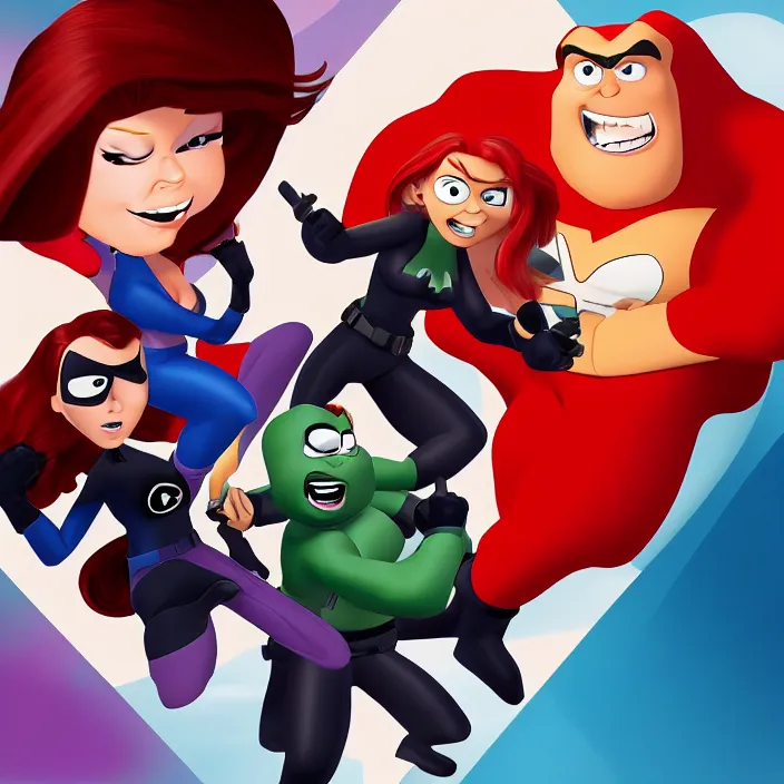 Prompt: kim possible fighting mrs incredible by pixar