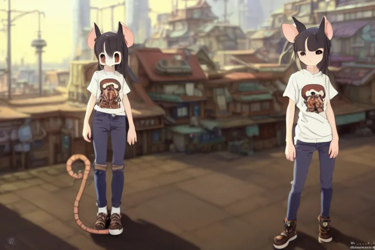 Prompt: full body shotof an anthropomorphic girl with rat ears and tail, wearing a tee shirt and combats, brown eyes, finely detailed features, in a steampunk distopian city with smog and robot machines, beautiful, trending on pixiv fanbox, painted by ilya kushinov makoto shinkai takashi takeuchi studio ghibli, akihiko yoshida