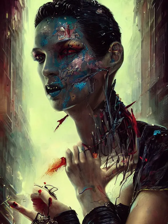 Image similar to art portrait of a vampire ,8k,by tristan eaton,Stanley Artgermm,Tom Bagshaw,Greg Rutkowski,Carne Griffiths,trending on DeviantArt,face enhance,hyper detailed,minimalist,cybernetic, android, blade runner,full of colour,