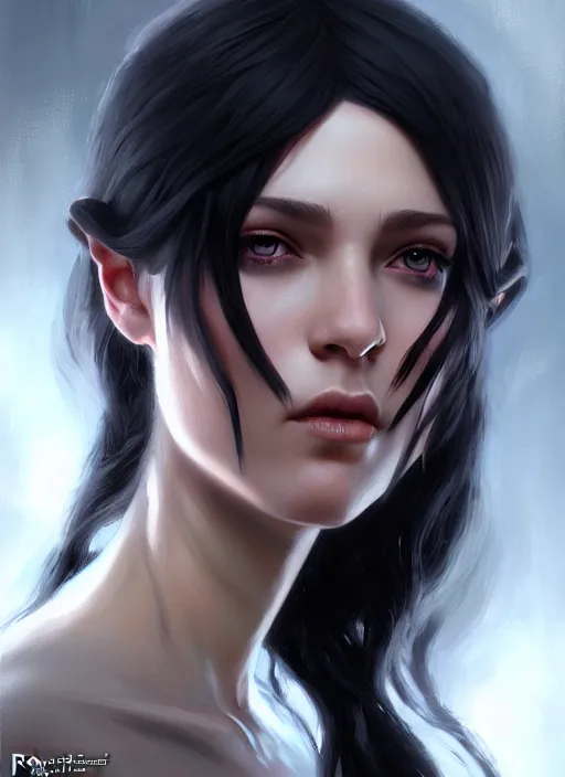 Prompt: a _ fantasy _ style _ portrait _ painting _ of young adult, black fringe hair, round face, rpg dnd oil _ painting _ unreal _ 5 _ daz. _ rpg _ portrait _ extremely _ detailed _ artgerm _ greg _ rutkowski _ greg