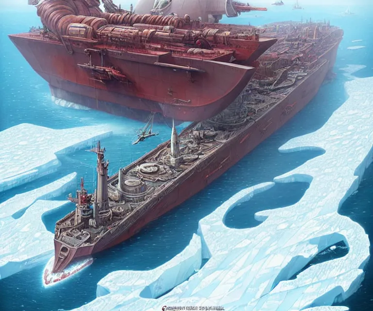 Prompt: one singular solo enormous gigantic steel ship - shaped fortress sailing across an icy frozen ocean. masterpiece, cinematic, architecture, aerial view, art by tom bagshaw, geof darrow, james gurney, filip hodas