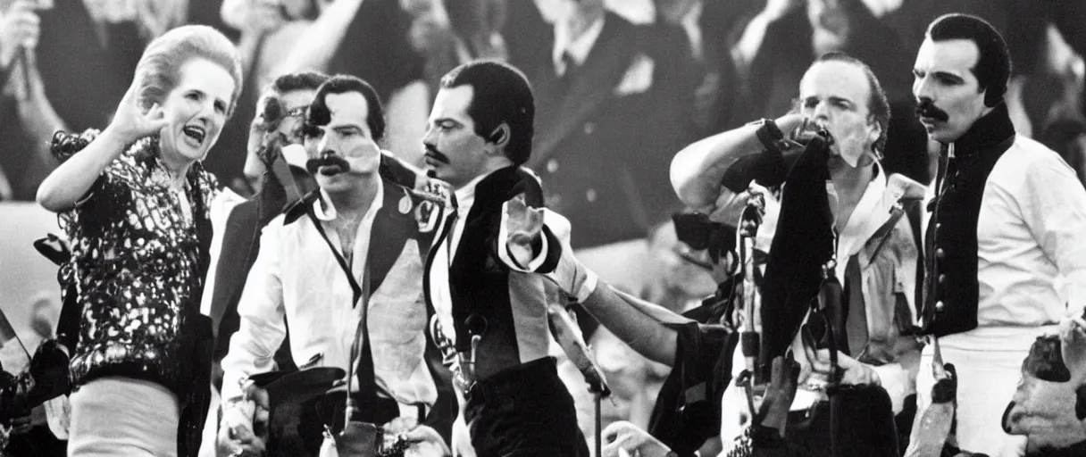 Prompt: margaret thatcher on stage with freddie mercury at live aid