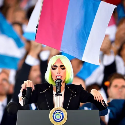 Image similar to Lady Gaga as president, Argentina presidential rally, Argentine flags behind, bokeh, giving a speech, detailed face, Argentina