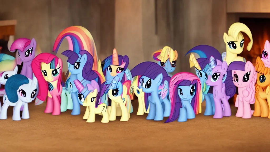 Image similar to A wholesome scene of My Little Pony figurines in front of a fireplace, 4k, 8k, photography, studio lighting