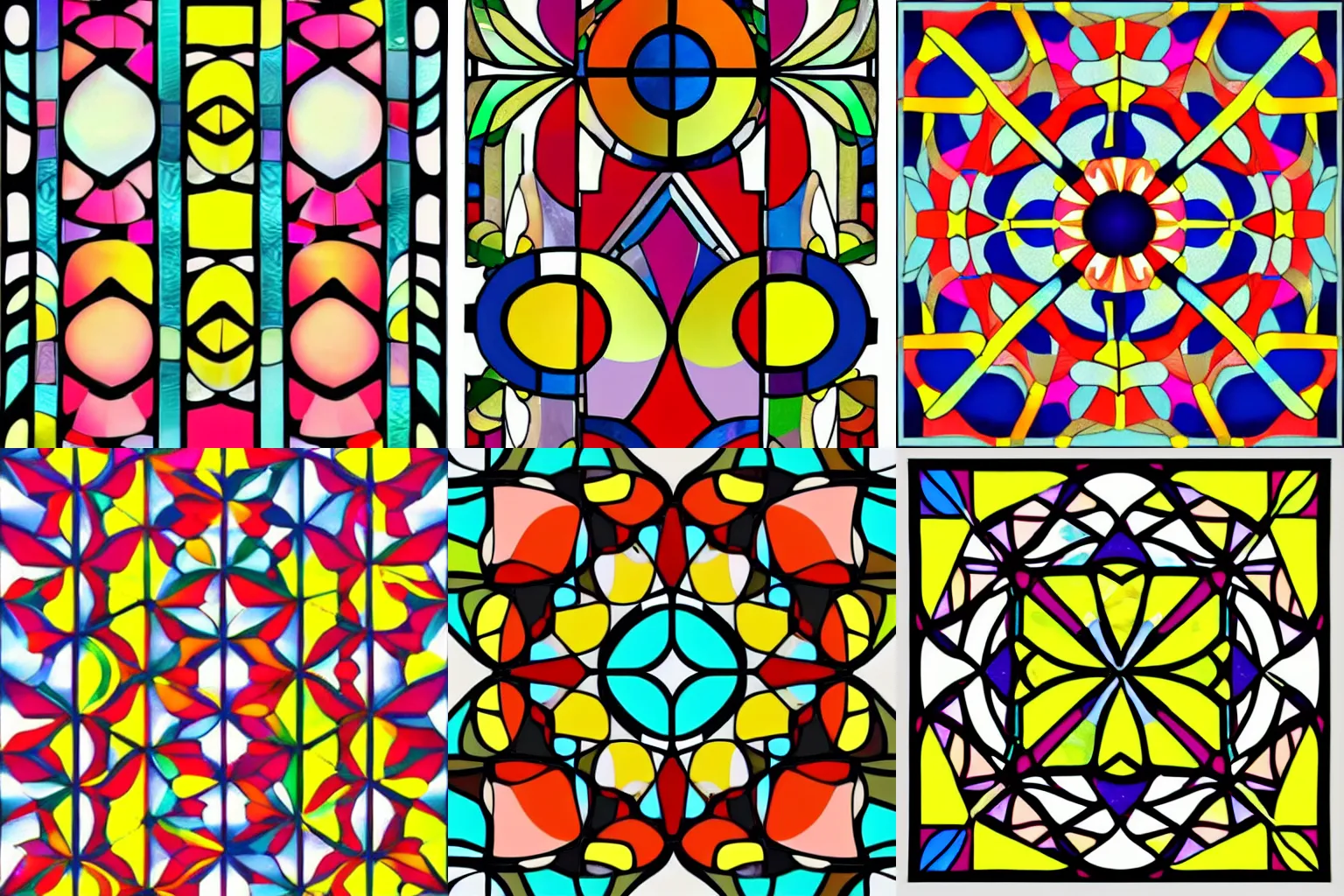 Prompt: bright beautiful colorful geometric designs, curves, minimalist, stained glass