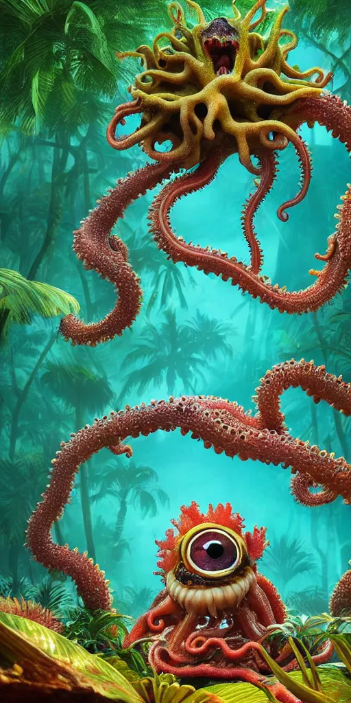 Image similar to of a tropical rainforest lake with strange cute friendly happy creatures with huge eyes, mouth, long tongue, round teeth and tentacles appearing from sandy coral, in the style of gehry and gaudi, macro lens, shallow depth of field, ultra detailed, digital painting, trending artstation, concept art, illustration, cinematic lighting, photorealism, epic, octane render