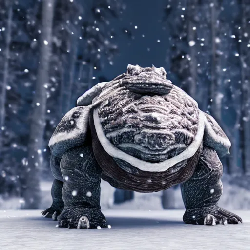 Image similar to highly realistic 3 d rendering of blastoise covered in snow and ice, unreal engine 5, volumetric lighting