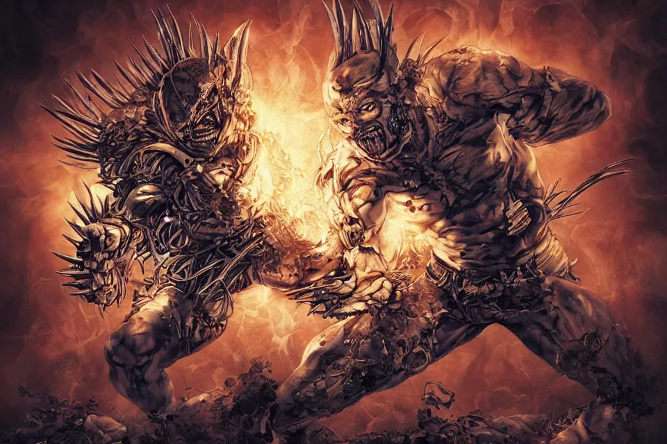Image similar to Terada Katsuya ArtGerm Style Zombie Wolverine Battles Biomechanical Juggernaut in Hell, beautiful aesthetic, photorealistic, volumetric lighting, hyperrealistic, octane render, HDR, Production IG Studios Anime Style