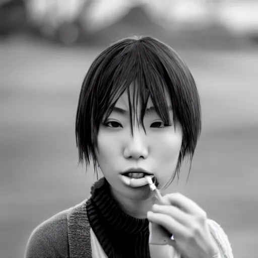 Image similar to beautiful gorgeous Japanese edgy model girl with short hair is smoking a cigarette, she's sad, sunset 80mm lens, 1.2 aperture, Kodak 5219, grainy image, close up