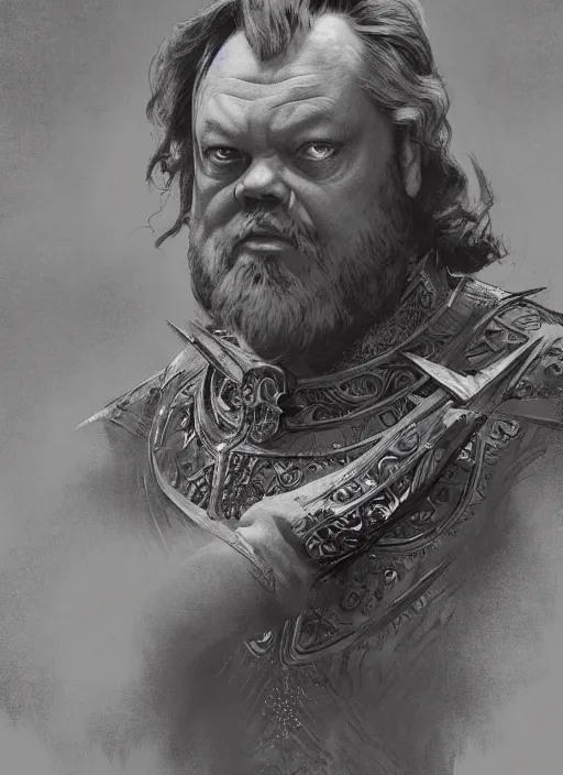 Image similar to Orson Welles as medieval King, intricate, elegant, highly detailed, digital painting, artstation, concept art, smooth, sharp focus, illustration, game of thrones, art by greg rutkowski and alphonse mucha and aleksi briclot