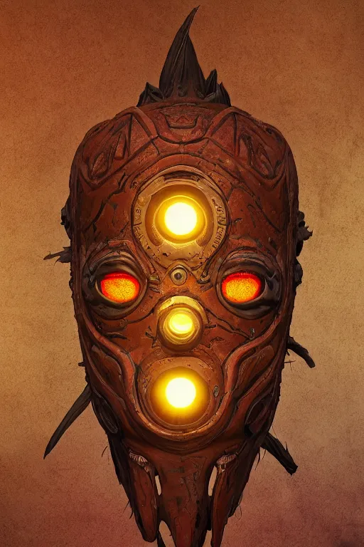 Image similar to tribal vodoo mask eye radiating a glowing aura global illumination ray tracing hdr fanart arstation by ian pesty and katarzyna da „ bek - chmiel that looks like it is from borderlands and by feng zhu and loish and laurie greasley, victo ngai, andreas rocha, john harris wooly hair cut feather stone