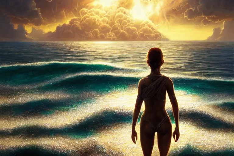 Image similar to detailed intricate digital illustration by greg rutkowski and artgerm and wlop and sanford robinson gifford ; nuclear bomb radiating bright, blinding lens flare across the horizon of a serene ocean, beautiful, glistening water and waves ; 1 3 mm film, arri alfa anamorphic lens, golden hour lighting ; sharp focus ; trending on artstation 8 k