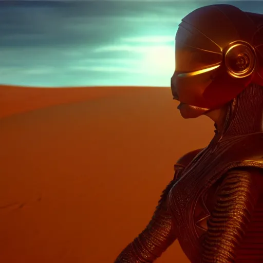 Prompt: beautiful Fine art photo of a young woman wearing a futuristic mayan helmet, photorealistic, high quality, sunset lighting, in the movie Dune, 8k