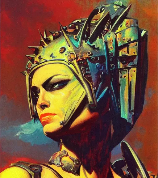 Image similar to portrait of strong female chaos angel, beautiful! coherent! by frank frazetta, by brom, strong line, vivid neon color, spiked scrap metal armor, iron helm maximalist