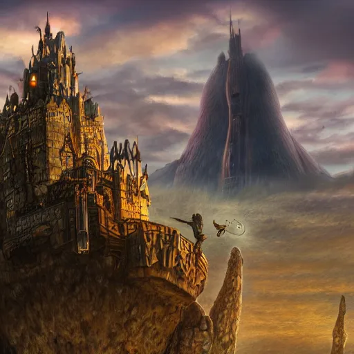 Image similar to large fantasy castle rising from the top of a giant tortoise that is centered in frame, towering over a harsh barren wasteland, howls moving castle, mortal engines, kaiju, distant shot from the air, fantasy, hyper detailed, 4 k