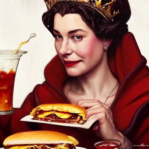 Image similar to Queen Elizabeth II eating cheesesteaks, dripping BBQ Sauce, serving burgers, D&D, spilling ketchup, fantasy, intricate, elegant, highly detailed, digital painting, artstation, concept art, matte, sharp focus, illustration, hearthstone, art by Artgerm and Greg Rutkowski and Alphonse Mucha