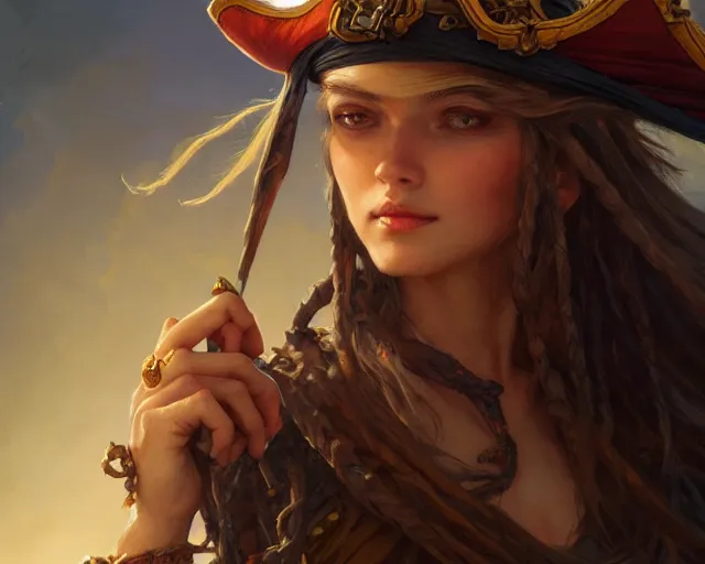 Image similar to pirate hat floating in the sea, low view shot, close up, deep focus, d & d, fantasy, intricate, elegant, highly detailed, digital painting, artstation, concept art, matte, sharp focus, illustration, hearthstone, art by artgerm and greg rutkowski and alphonse mucha