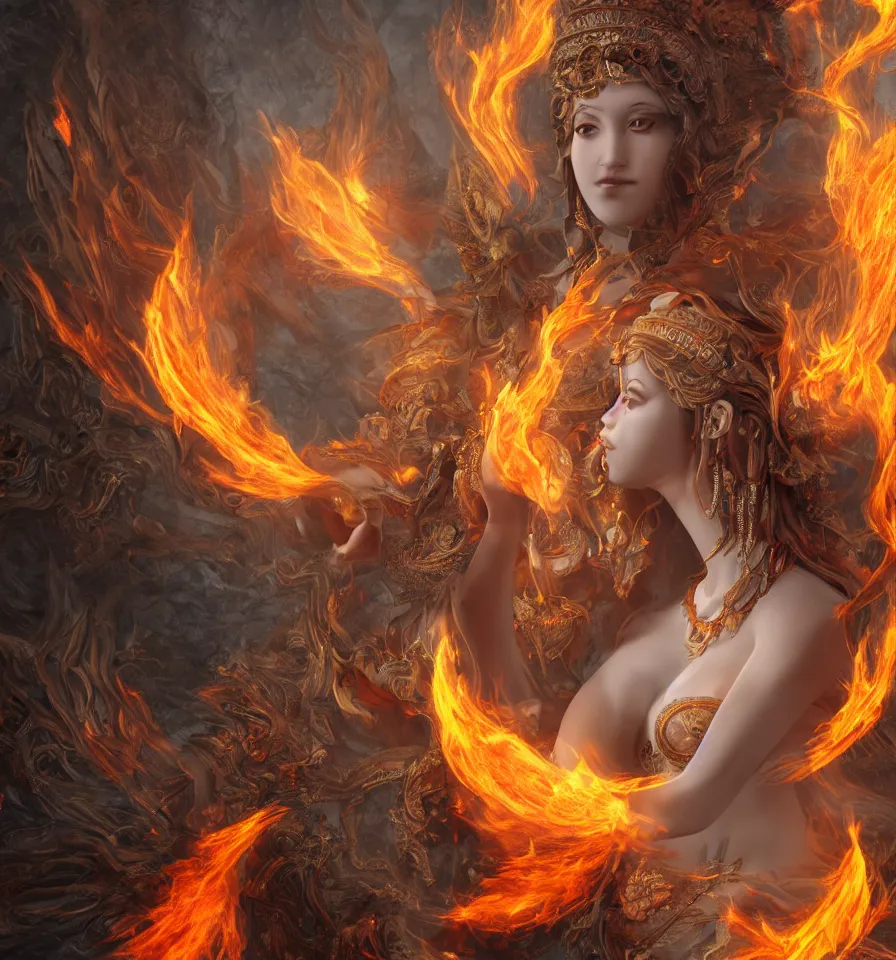 Image similar to goddess of flame, 8 k resolution, ultra realistic, detailed,