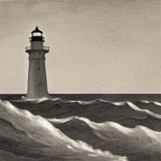 Image similar to an engraving of a storm battering a lighthouse by edward hopper