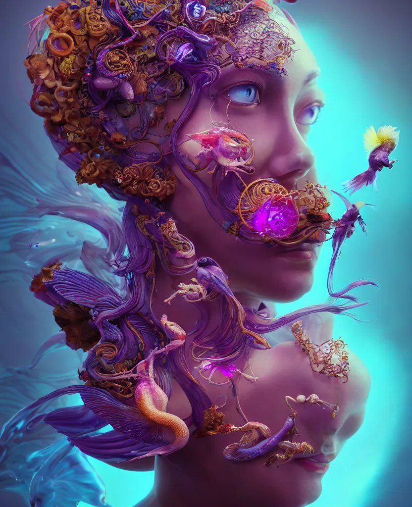 Image similar to goddess full color painted acryllic sculpture close-up portrait. orchid bird phoenix head, nautilus, skull, betta fish, bioluminiscent creatures, intricate artwork by Tooth Wu and wlop and beeple. octane render, trending on artstation, greg rutkowski very coherent symmetrical artwork. cinematic, hyper realism, high detail, octane render, 8k