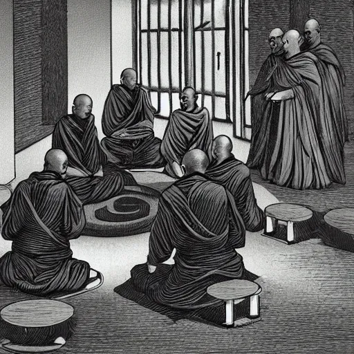 Prompt: 5 monks kneeling in a circle with wires coming out of the back of their heads connecting them to a computer in the center, dark shadowy surroundings, dystopian scifi, horror