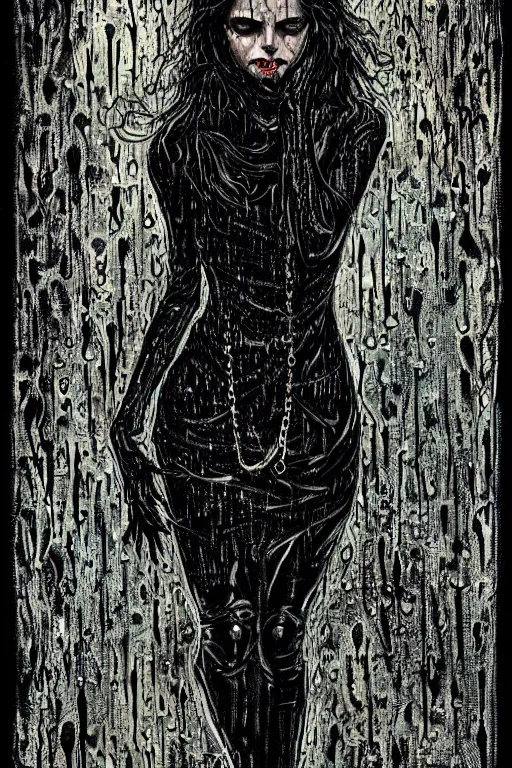 Image similar to crying gothic girl with smoky eyes, black leather slim dress, chains, strong rain night, beautiful body, detailed acrylic, grunge, intricate complexity, by dan mumford and by alberto giacometti, peter lindbergh