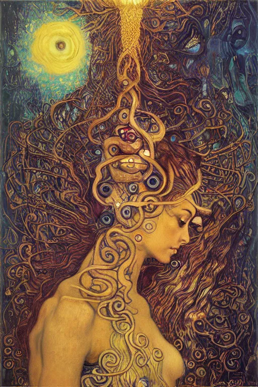 Image similar to Rebirth by Karol Bak, Jean Deville, Gustav Klimt, and Vincent Van Gogh, mysterious portrait of a sacred serpent, Surreality, radiant halo, shed iridescent snakeskin, otherworldly, enigma, fractal structures, celestial, arcane, ornate gilded medieval icon, third eye, spirals