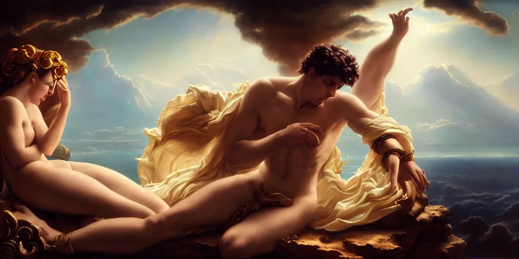 Image similar to Adonis playing the kithara for Aphrodite, by Rolf Armstrong and Evelyn De Morgan and Bastien Lecouffe-Deharme, dramatic lighting, high contrast colors, baroque, empyrean, panoramic view, as trending on Artstation, highly detailed, doom engine,