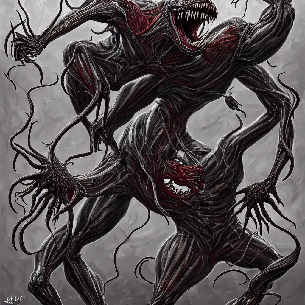 Prompt: anatomically acurate full body long shot venom from marvel comics!!!!, large mouth with teeth, lovecraftian horror!, surrealism, fantasy, intricate, elegant, highly detailed, digital painting, artstation, concept art, matte, sharp focus, illustration, art by keith thompson and christopher lane