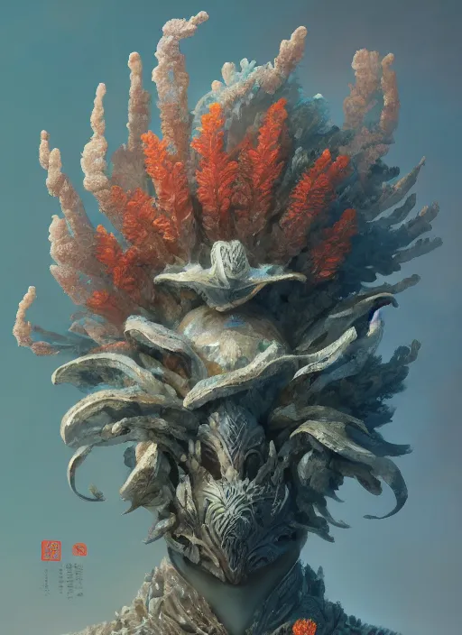 Image similar to Helmet of a forgotten Deity, corals, plume made of seaweed, extremly detailed digital painting, in the style of Fenghua Zhong and Ruan Jia and jeremy lipking and Peter Mohrbacher, mystical colors, rim light, beautiful lighting, 8k, stunning scene, raytracing, octane, trending on artstation