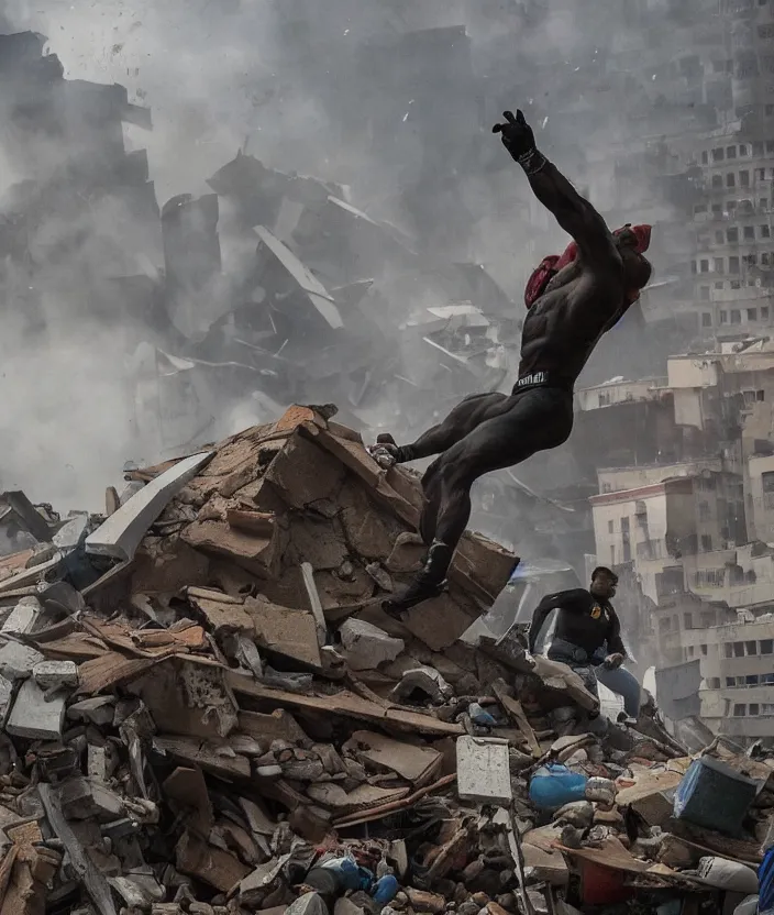 Prompt: gigantic muscular superhero holding up collapsing roof to protect civilians. giant protector protecting people trapped in a crumbling building. colossal superhuman clearing away debris to save citizens.