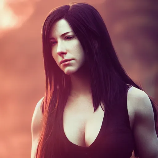 Image similar to Tifa Lockhart in real life, face centered portrait, Confident, fog, volumetric lighting, beautiful, golden hour, sharp focus, ultra detailed, by Leesha Hannigan, Ross Tran, Thierry Doizon, Kai Carpenter,Ignacio Fernández Ríos